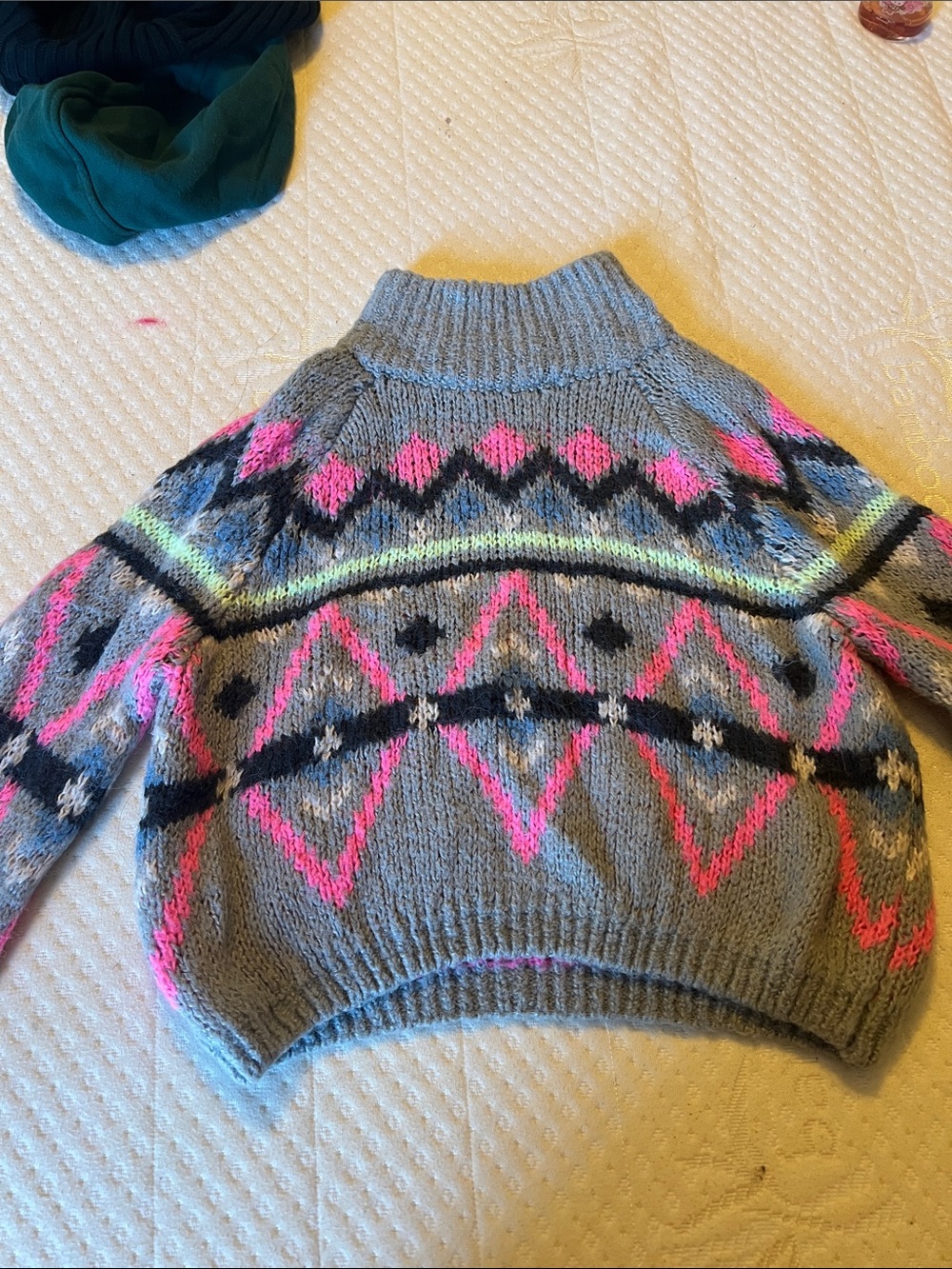 Hollister Gray Mock Neck Sweater with Neon Pink & Black Fair Isle